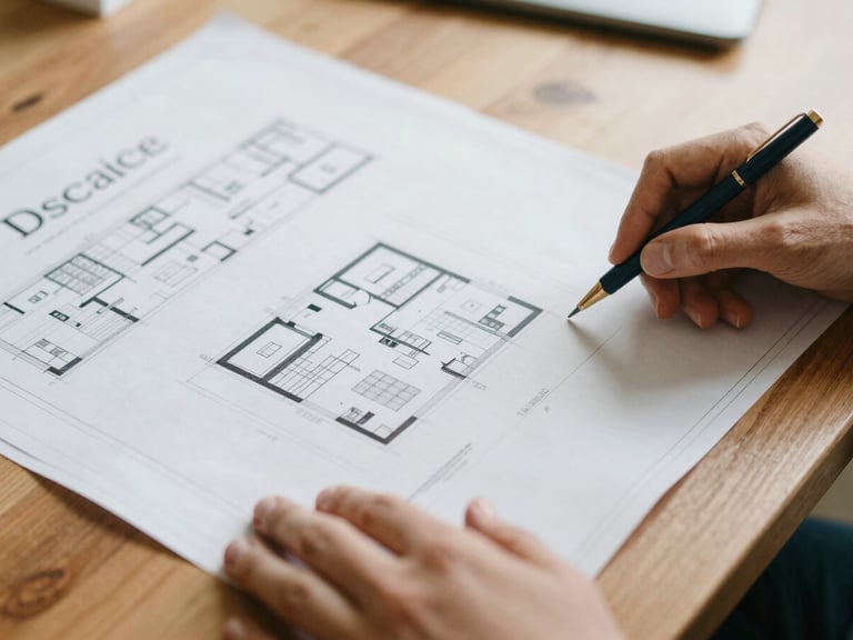 Close-up of hands reviewing physical architectural blueprints and insurance documents on a wooden table, warm natural light, shallow depth of field
