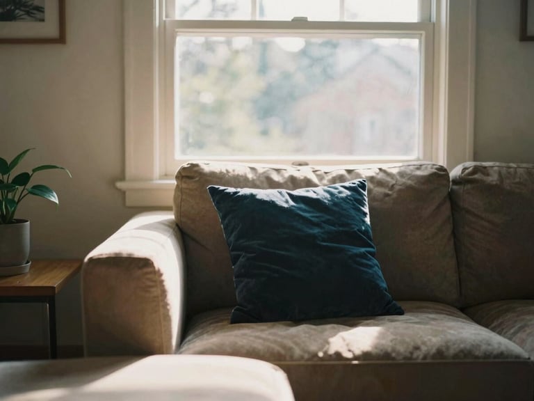 Warm environmental shot of a comfortable living room with sunlight filtering through a window, reflecting a safe, quiet home atmosphere