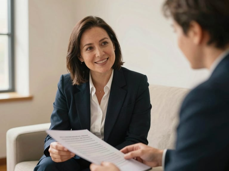 A candid portrait of a licensed agent sitting with a client, sharing a warm, professional conversation over paperwork, natural golden light