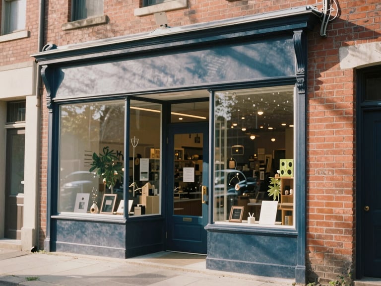 A warm, natural light photograph of a local brick-and-mortar storefront in a historic neighborhood, soft morning shadows, 35mm film style