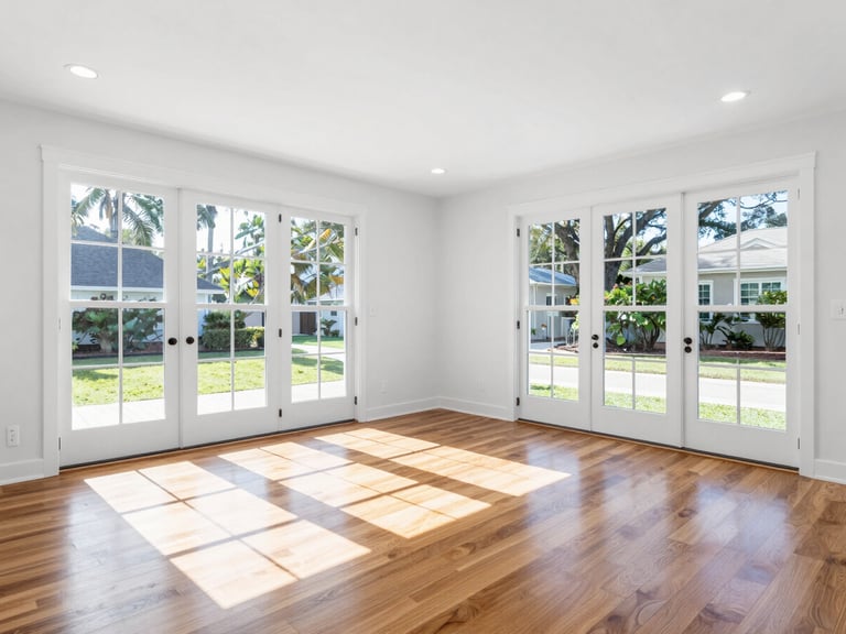 Bright residential living room in Palmetto Florida with spotless hardwood floors, clean white walls, and natural morning sunlight streaming through wide glass doors.