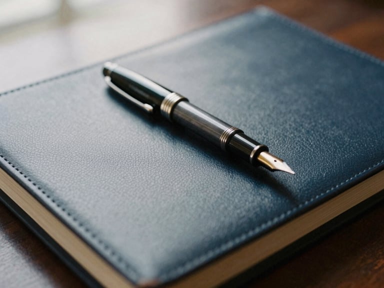 Editorial close-up of a fountain pen resting on a leather-bound legal dossier, soft natural side-light, shallow depth of field, muted slate tones.