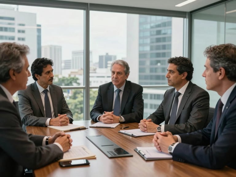 A small-group strategy meeting of senior executives in a modern, glass-walled boardroom in São Paulo, natural daylight, candid expressions, sophisticated atmosphere