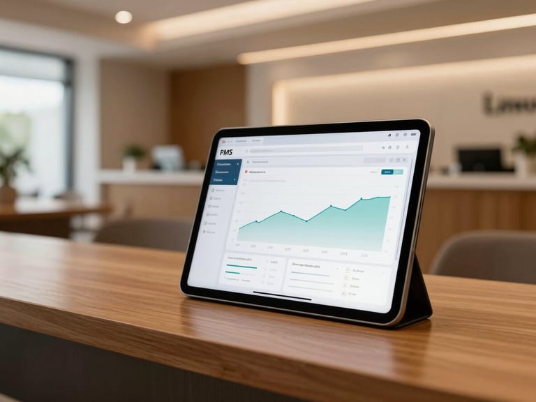 A modern tablet displaying a clean cloud PMS dashboard with occupancy graphs, resting on a polished wooden reception desk under warm architectural lighting.