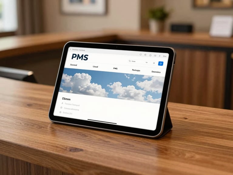 A tablet displaying a clean cloud PMS dashboard on a wooden hotel reception desk, warm natural daylight, professional hospitality interiors, 35mm