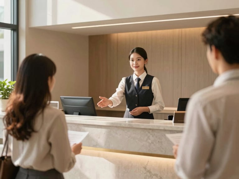 A professional hotel receptionist welcoming guests in a modern, sunlit lobby, warm architectural lighting, 35mm