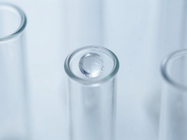 Macro shot of a purified protein crystal structure in a microcentrifuge tube under cool laboratory lighting, sterile white background, 50mm