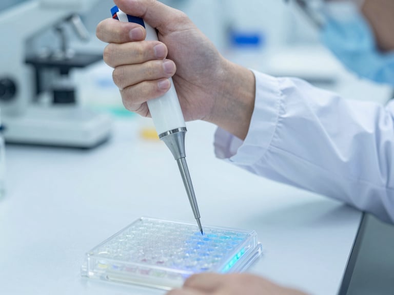 Close-up of a researcher in cleanroom attire operating a precision pipette over a multi-well plate, illuminated by soft blue backlighting in a high-tech lab.