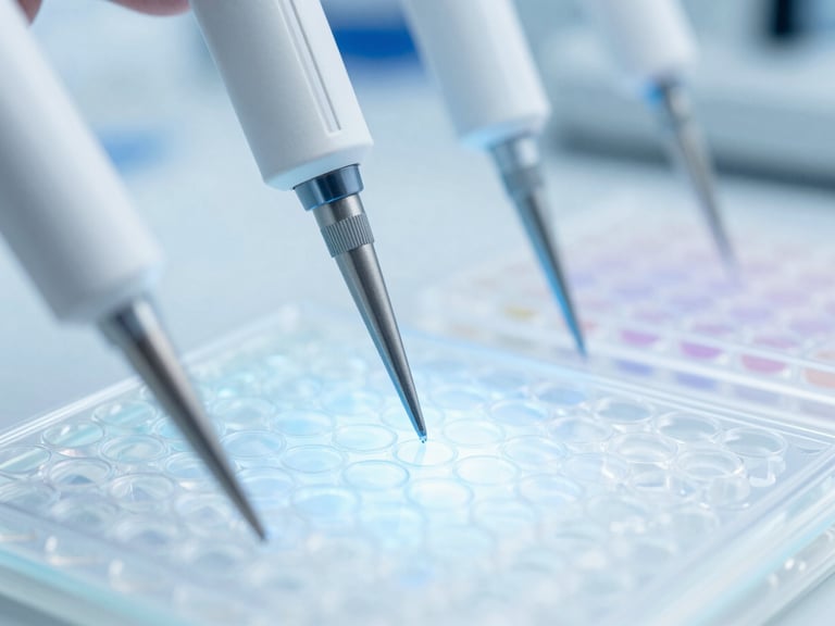 Macro photography of precision pipettes and micro-well plates under a microscope, with soft blue backlighting, in a sterile lab.