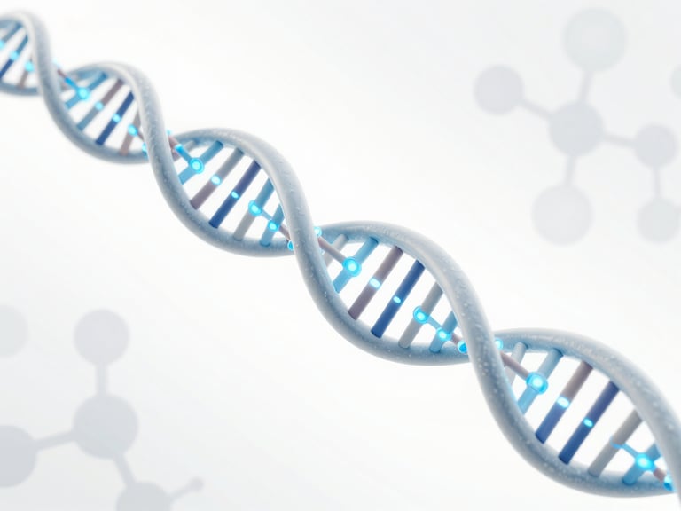Clean 3D render of a DNA double helix with glowing blue particles, against a sterile white background with subtle molecular patterns.