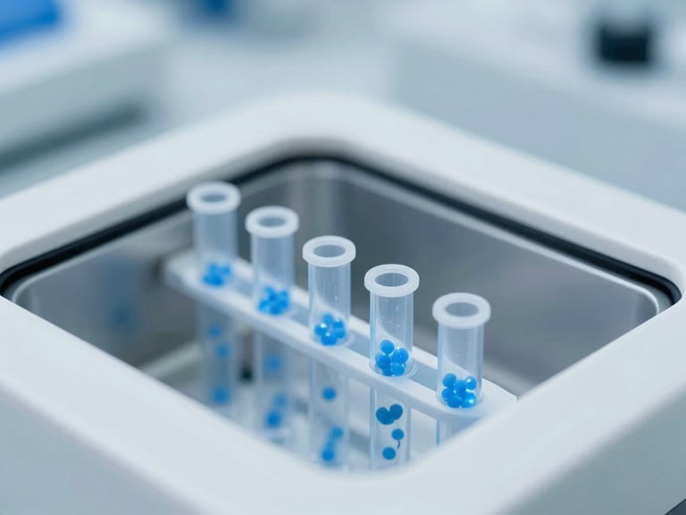 Close-up of a microcentrifuge tube containing magnetic separation columns with blue glowing particles, in a high-tech laboratory setting, crisp lighting.