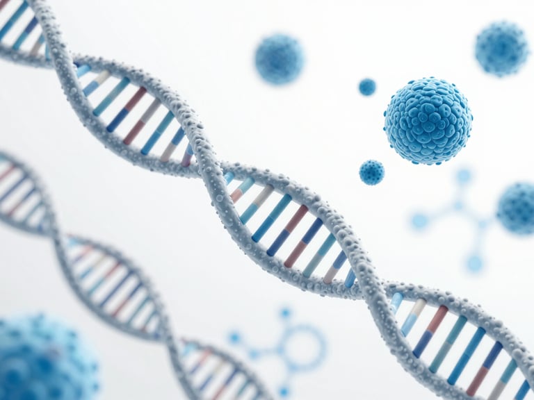 3D render of DNA helices, RNA strands, and spherical nanoparticles interacting with exosome illustrations, on a clean white background with blue molecular patterns.
