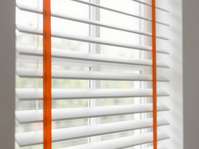 Stylish window blinds partially open, showing natural light filtering through, clean and functional design, 35mm