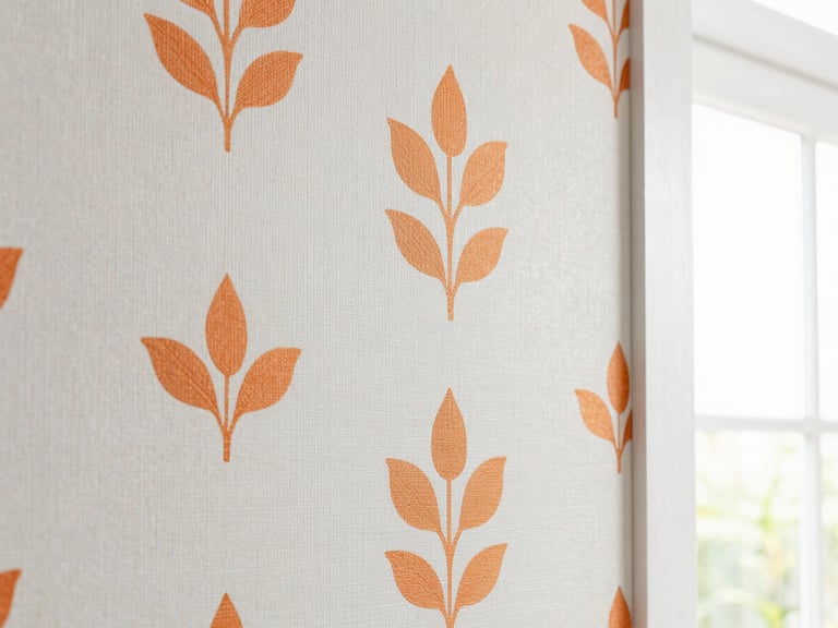 Close-up of a textured elegant wallpaper in a modern room, soft natural light, detail focus, 35mm