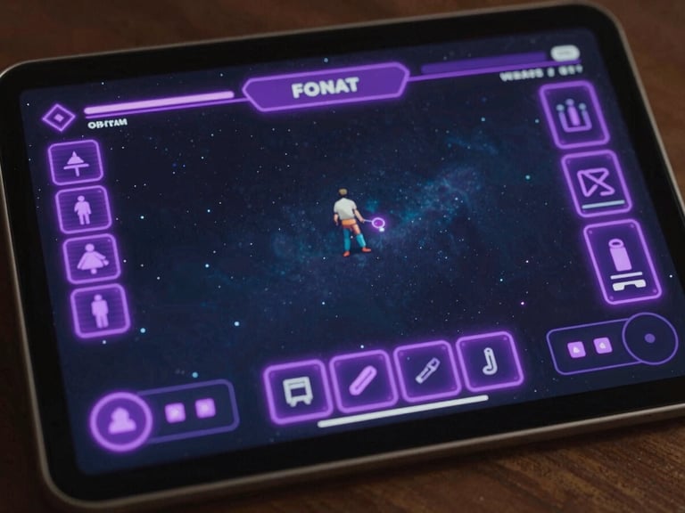 Wide cinematic view of a 2D game interface on a tablet screen, showing neon purple interactive elements and dark space background.