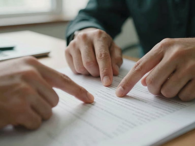 Macro close-up of hands pointing to structured data on a physical document during a collaborative session, soft natural side-lighting, 35mm film grain