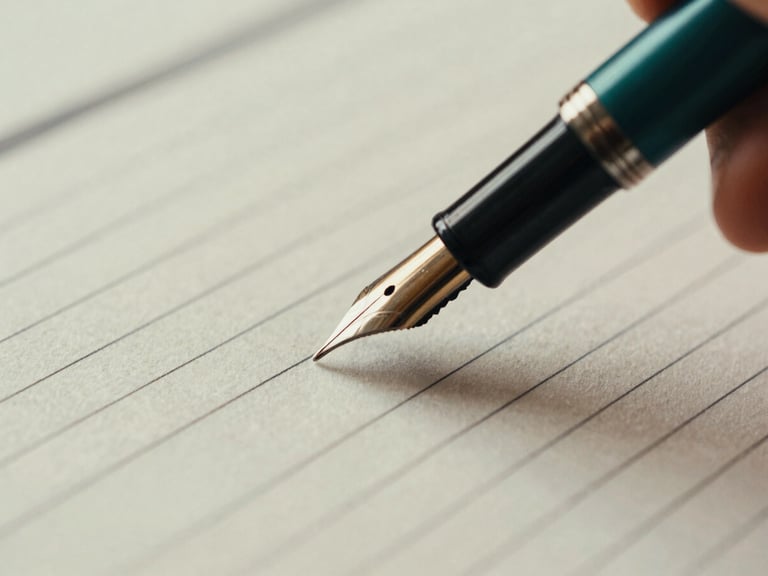 Macro close-up of a fountain pen signing a structured financial ledger on a warm cream paper background, soft side-lighting, 35mm film grain