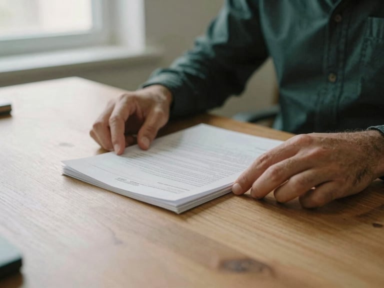 Close-up of hands organizing physical financial documents on a clean, architectural wooden desk, soft natural window light, muted earth tones