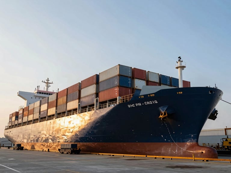 Low-angle heroic perspective of a massive container ship loading raw building materials in a dry dock, sharp architectural daylight, golden hour glinting off steel surfaces.