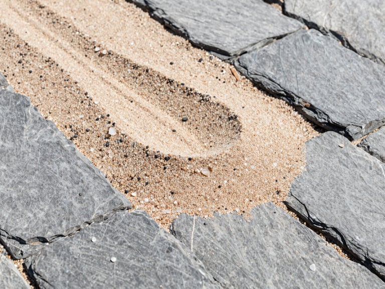 Close-up of quartz sand being swept into paving stone joints, bright natural sunlight, clean texture, crisp outdoor photography, rich slate gray tones.