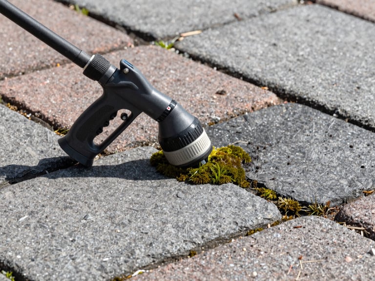 Close-up of a pressure washer nozzle cleaning moss and grime from grey paving stones, bright natural sunlight, high contrast, crisp outdoor photography, rich slate gray tones.