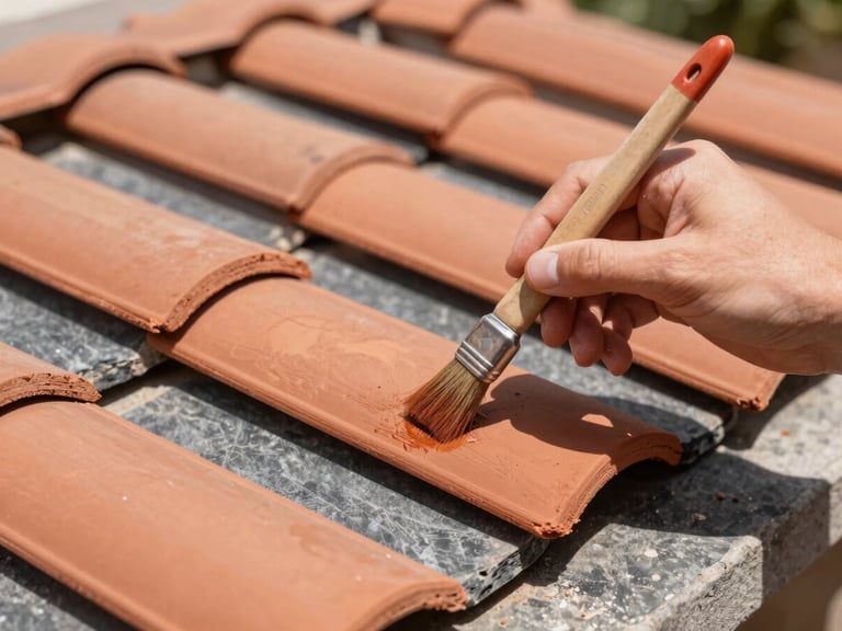 Close-up of a hand painting terracotta roof tiles with a brush, emphasizing meticulous technique, bright natural sunlight, crisp outdoor photography, rich terracotta tones.