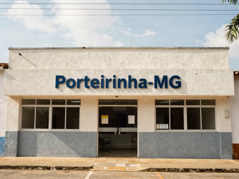 A local public health clinic in Porteirinha-MG, clean facade, bright natural daylight, documentary style photography.