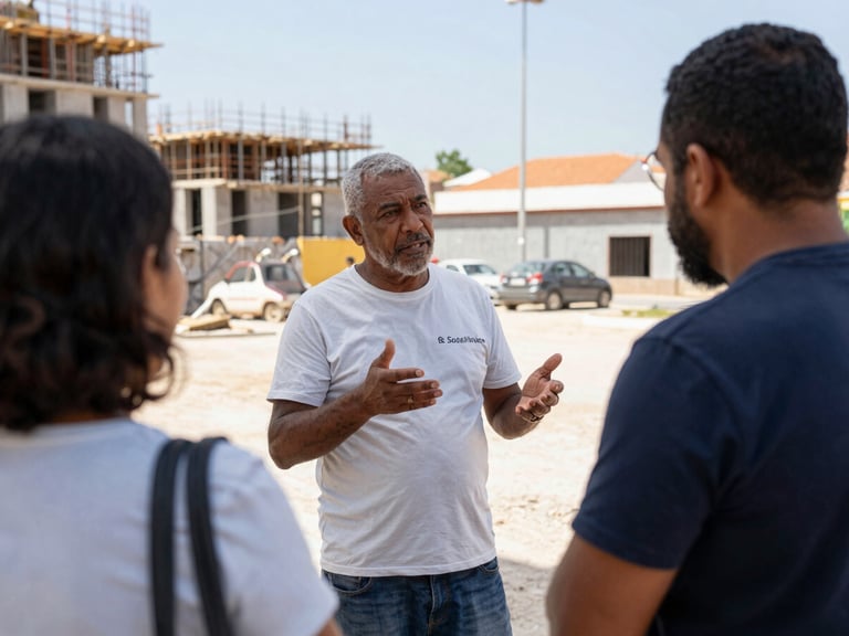 Júnior Socorrista talking with local citizens near a public square under construction in Porteirinha, natural daylight, 35mm lens.