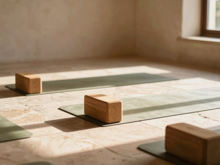 A quiet sunlit stone shala interior in Mallorca, warm daylight casting long shadows on wooden yoga blocks and clean cotton mats, minimalist atmosphere, warm editorial photography.