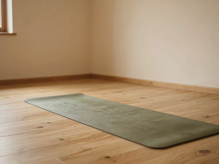 Soft warm daylight inside an empty sunlit yoga shala in Mallorca, wooden floor, olive green yoga mat, sand-colored walls, minimalist composition, 35mm photography