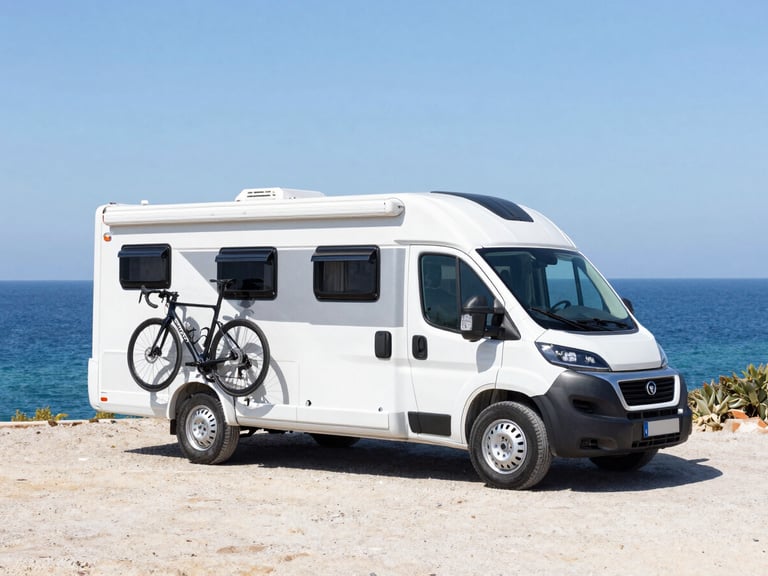 A premium modern motorhome parked on a scenic overlook next to the Mediterranean Sea, high-end road bicycles mounted on the back, sunny day, blue water background.