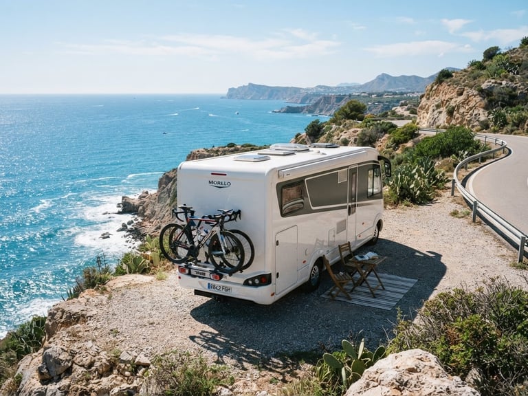 A premium modern motorhome with high-end road bicycles mounted on the back, parked on a scenic cliffside overlooking the bright blue Mediterranean Sea in Spain, sunny daylight, 35mm editorial photography