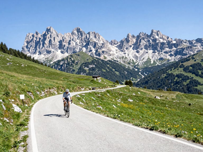 Bright editorial photo of a cyclist riding down a winding mountain road in the Italian Dolomites, surrounded by green alpine meadows under a crisp blue sky.