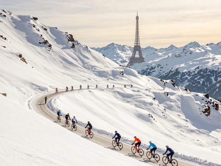 Scenic view of road cyclists climbing a steep mountain pass in the French Alps, with a distant view of the Eiffel Tower in the soft golden sky, sunny daylight.