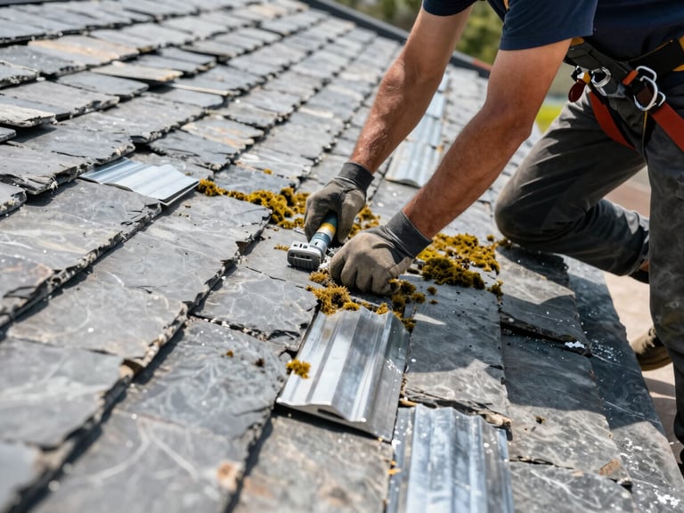 Worker carefully cleaning a slate roof, removing moss with professional equipment, safety harness visible, bright daylight, 35mm