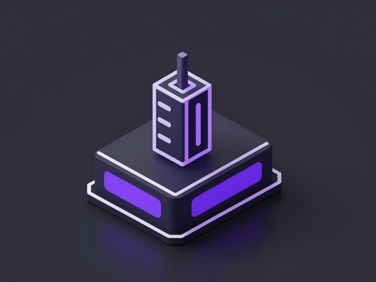 Isometric 3D render of a secure data node, clean vector lines, sharp violet accents on a deep charcoal background, high-contrast studio lighting