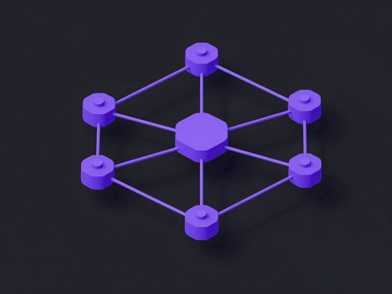 Isometric 3D render of interconnected communication nodes, clean vector lines, violet accents, high-contrast studio lighting
