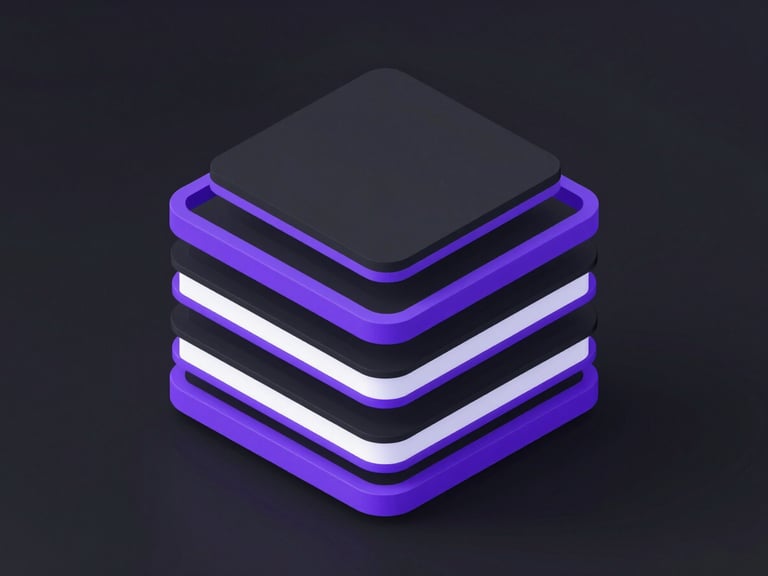 Isometric 3D render of structured database layers, dark mode, sharp violet accents, clean vector lines