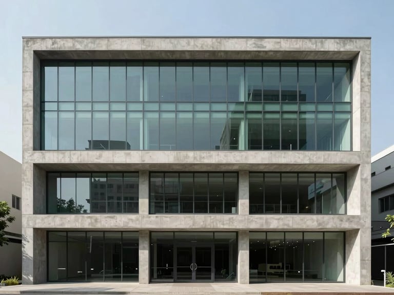 Wide architectural elevation of a modern concrete and glass commercial building in Noida, harsh realistic sunlight casting sharp diagonal shadows across the facade, 24mm lens
