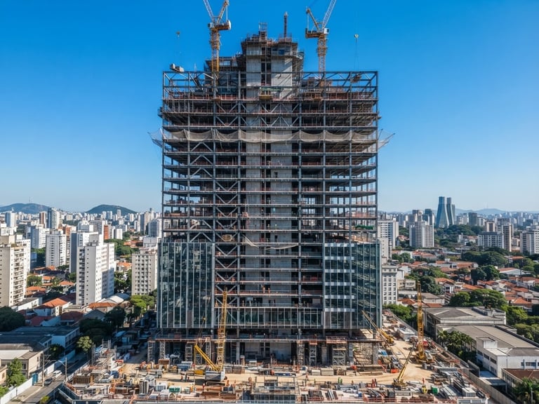Architectural wide angle of a modern commercial building under construction in São Paulo, steel frames exposed against a clear blue sky, bright natural daylight, cool tones, sharp focus