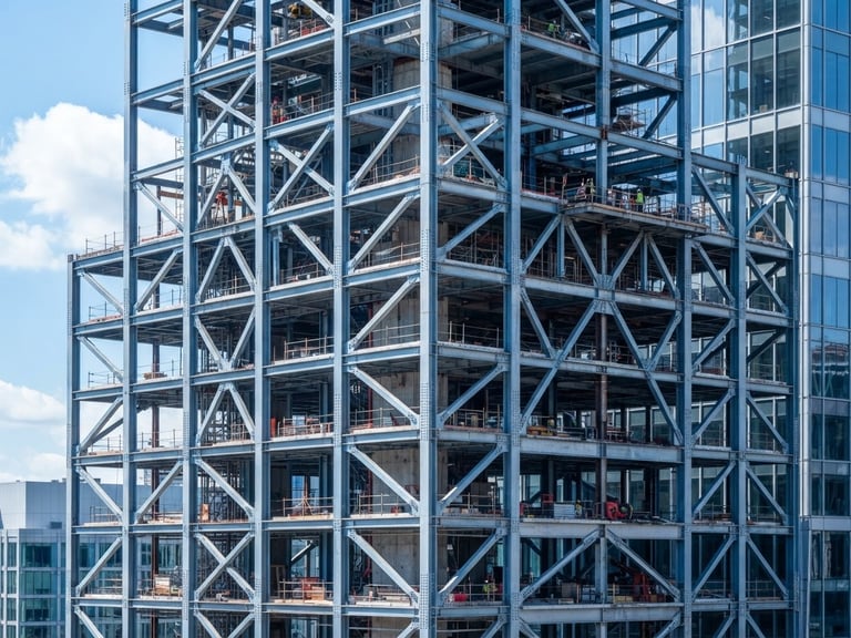 Crisp architectural photography of a modern building steel frame under bright daylight, cool blue tones, sharp focus, 35mm lens