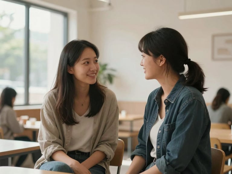 Candid medium shot of two women talking warmly in a sunlit community space, soft natural light from a side window, clean minimalist environment.