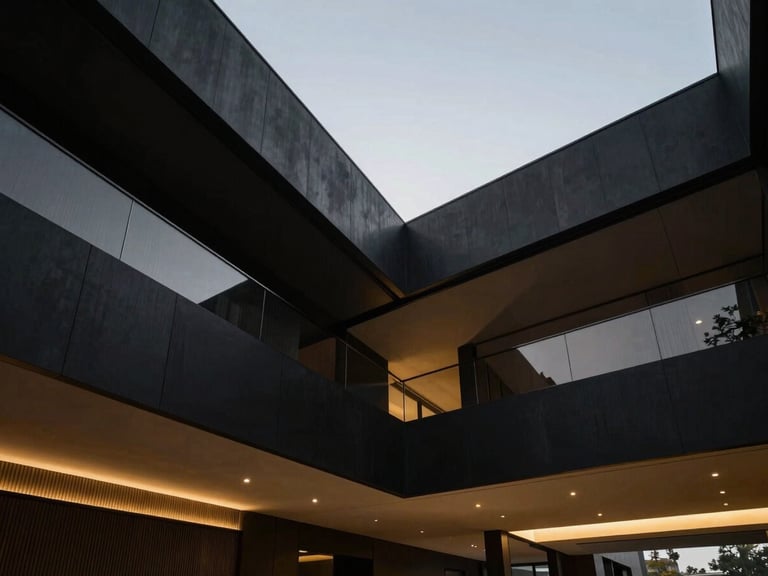 Ultra-modern luxury interior design, minimalist, high ceilings, natural light, matte black and gold accents, architectural photography, high-contrast lighting