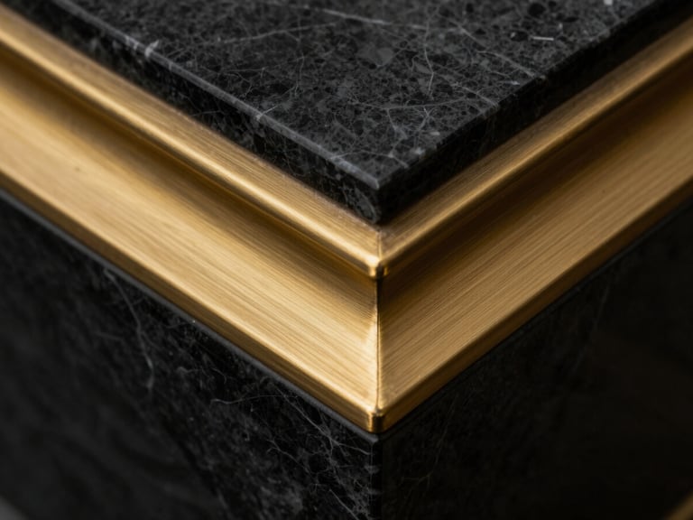 Extreme macro close-up of a brushed brass architectural detail intersecting with a sharp marble edge, high-contrast lighting, matte black and gold tones.