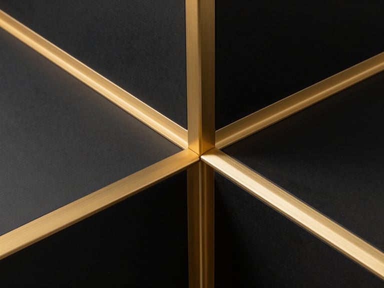 Detail shot of a luxury material intersection, brushed gold trim on matte black panel, sharp focus, high-contrast lighting, architectural photography
