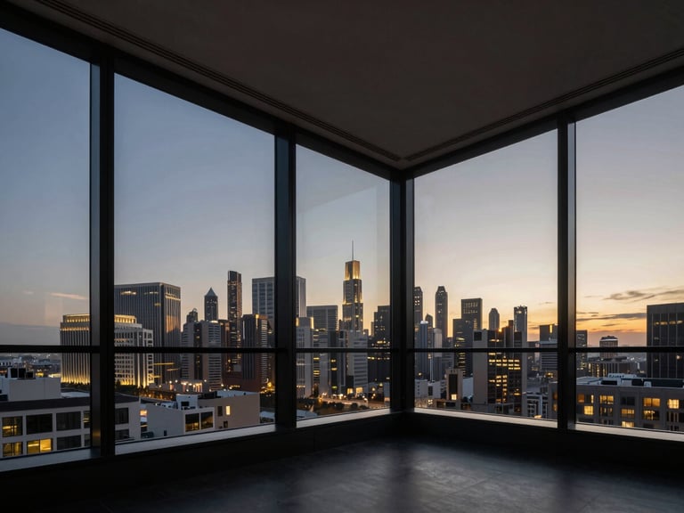 Wide shot of a luxury residential interior with expansive windows overlooking a city skyline at dusk, razor-sharp details, high-contrast, matte black and gold tones.