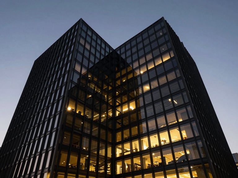 Striking modern building exterior, dramatic angles, glass and steel, twilight, high-contrast architectural lighting, ultra-wide angle lens