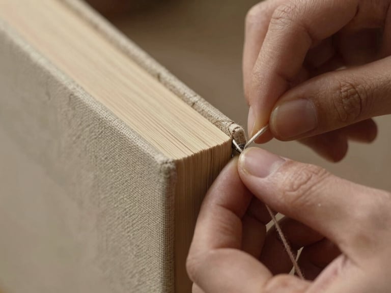 Macro close-up of hands carefully stitching the spine of a linen-bound book with thick thread, warm side lighting highlighting paper fibers