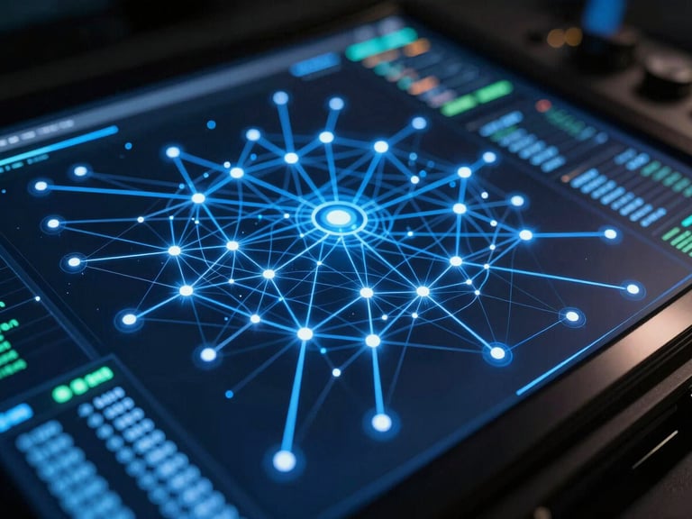 Macro close-up of a high-density digital network dashboard displaying real-time project telemetry, glowing electric blue data paths on a dark titanium surface, low-key dramatic backlighting.