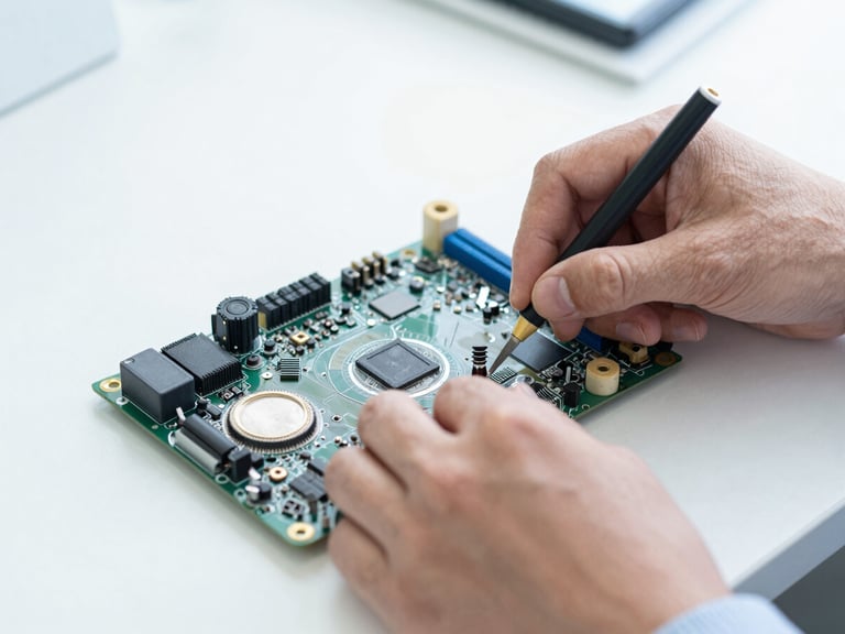 Close-up of a technician's hands carefully repairing a motherboard, bright natural office light, sharp focus, cool slate and blue tones